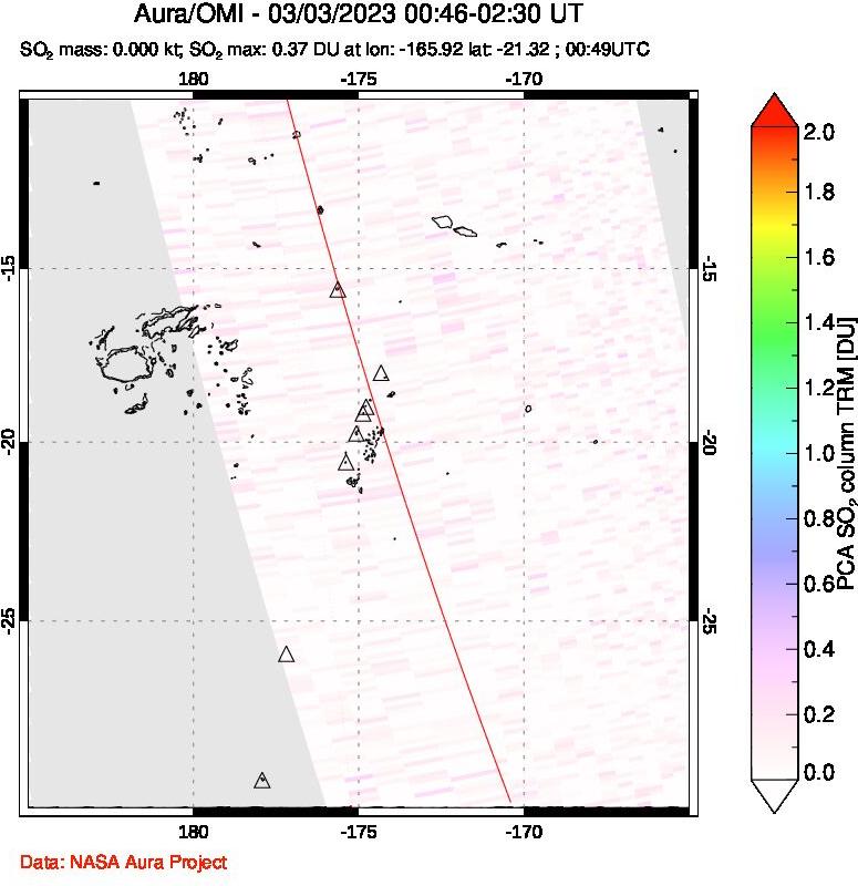 A sulfur dioxide image over Tonga, South Pacific on Mar 03, 2023.