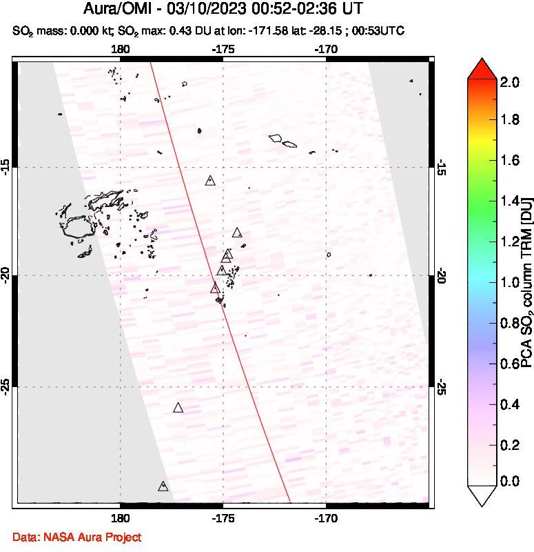 A sulfur dioxide image over Tonga, South Pacific on Mar 10, 2023.