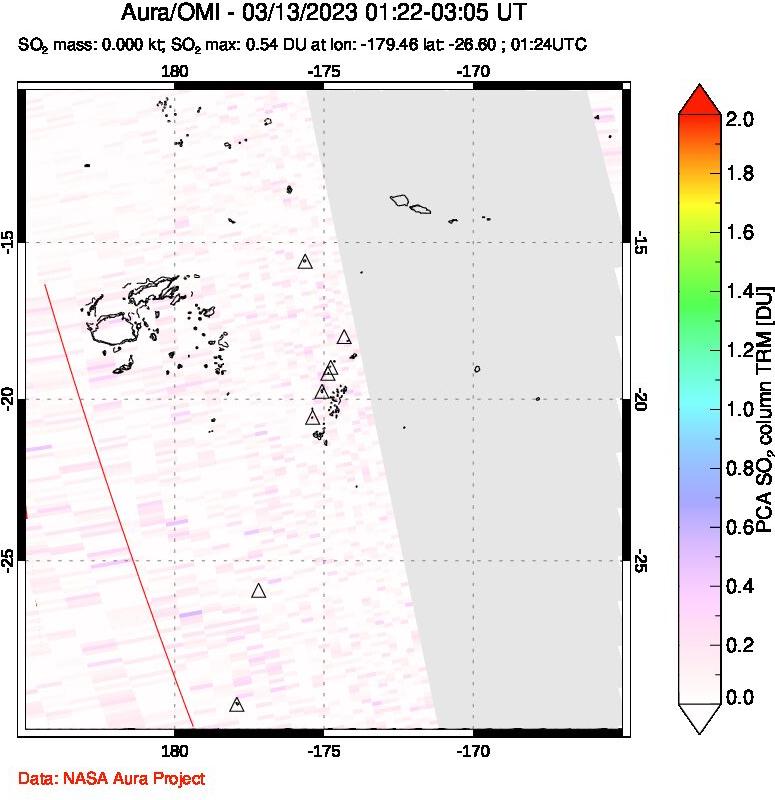A sulfur dioxide image over Tonga, South Pacific on Mar 13, 2023.