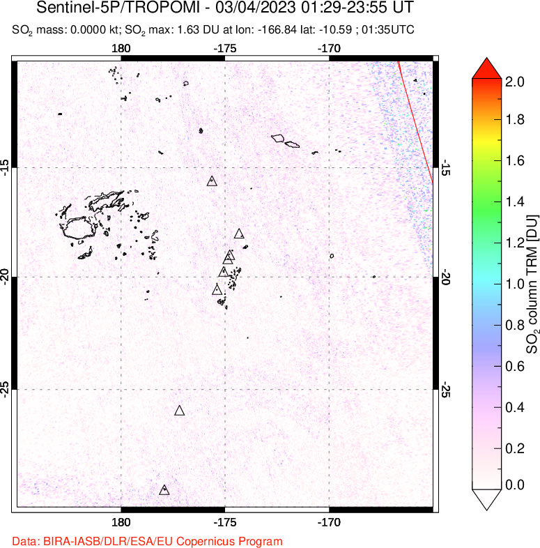 A sulfur dioxide image over Tonga, South Pacific on Mar 04, 2023.