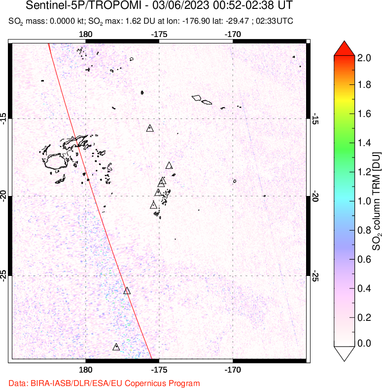 A sulfur dioxide image over Tonga, South Pacific on Mar 06, 2023.
