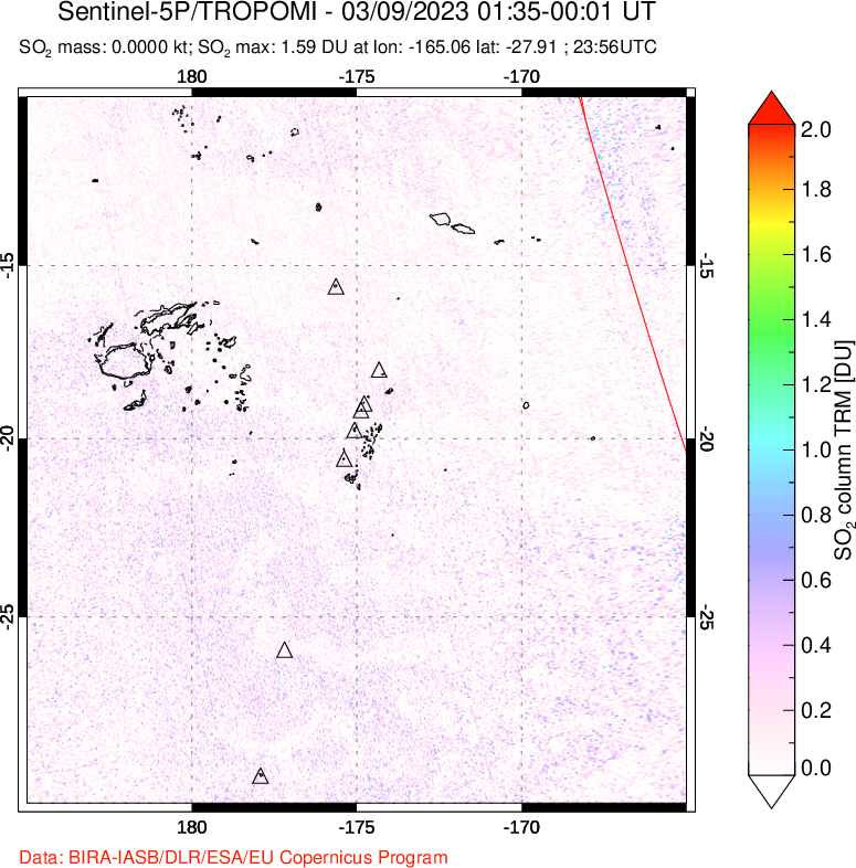 A sulfur dioxide image over Tonga, South Pacific on Mar 09, 2023.