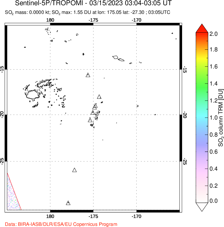 A sulfur dioxide image over Tonga, South Pacific on Mar 15, 2023.