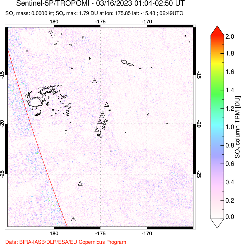 A sulfur dioxide image over Tonga, South Pacific on Mar 16, 2023.
