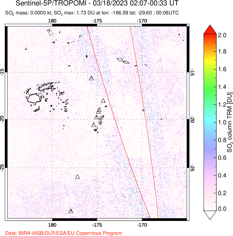 A sulfur dioxide image over Tonga, South Pacific on Mar 18, 2023.