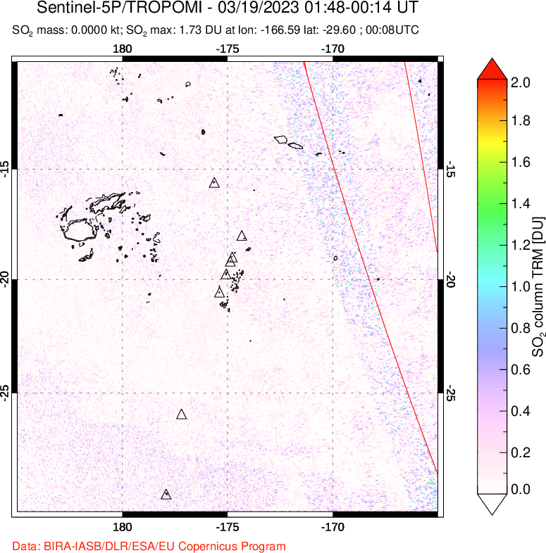 A sulfur dioxide image over Tonga, South Pacific on Mar 19, 2023.