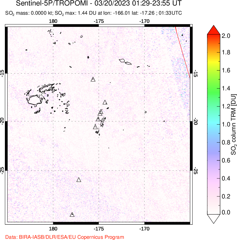 A sulfur dioxide image over Tonga, South Pacific on Mar 20, 2023.