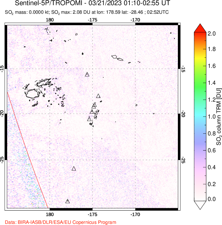 A sulfur dioxide image over Tonga, South Pacific on Mar 21, 2023.