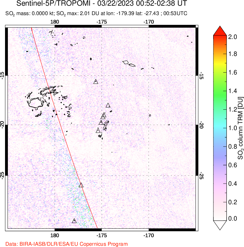 A sulfur dioxide image over Tonga, South Pacific on Mar 22, 2023.