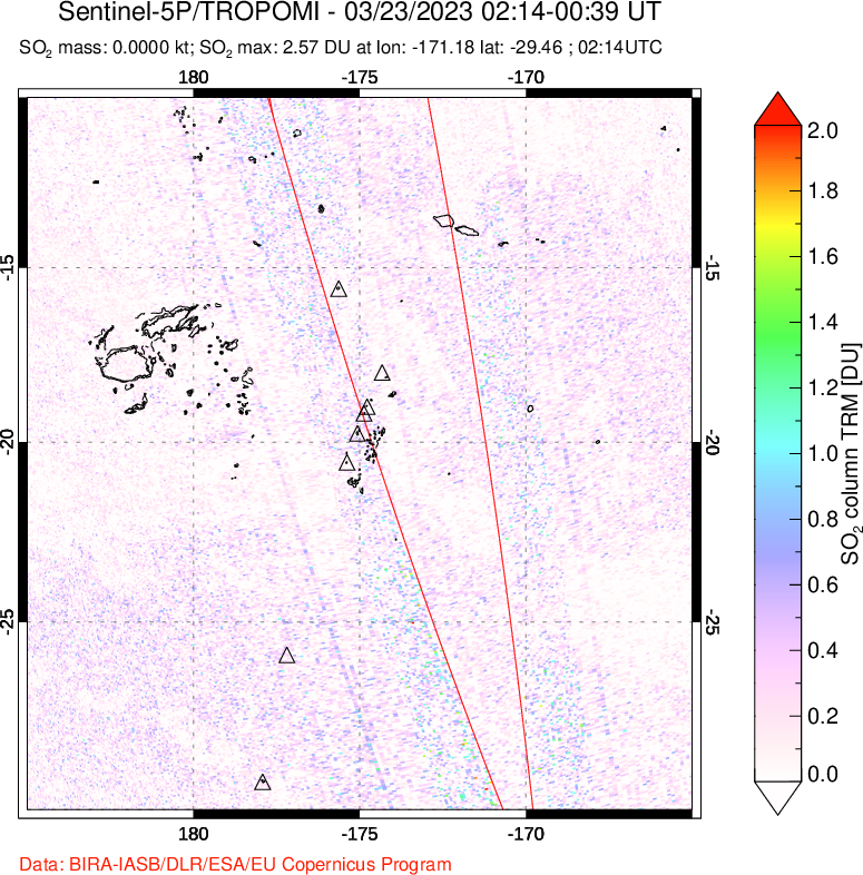 A sulfur dioxide image over Tonga, South Pacific on Mar 23, 2023.