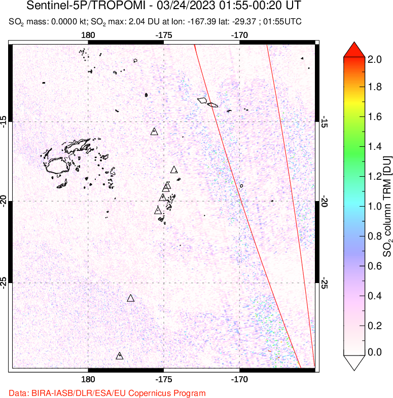 A sulfur dioxide image over Tonga, South Pacific on Mar 24, 2023.