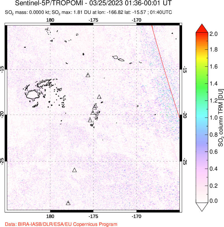 A sulfur dioxide image over Tonga, South Pacific on Mar 25, 2023.