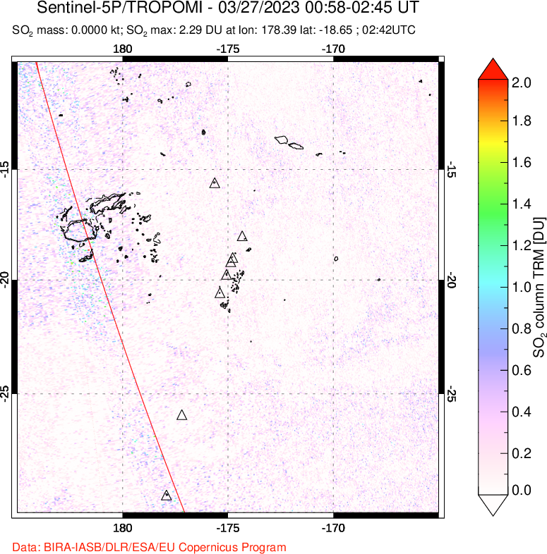 A sulfur dioxide image over Tonga, South Pacific on Mar 27, 2023.