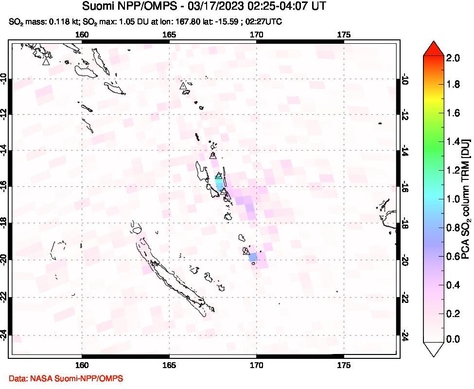 A sulfur dioxide image over Vanuatu, South Pacific on Mar 17, 2023.
