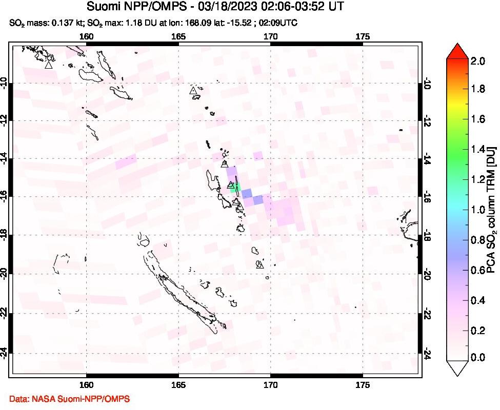 A sulfur dioxide image over Vanuatu, South Pacific on Mar 18, 2023.