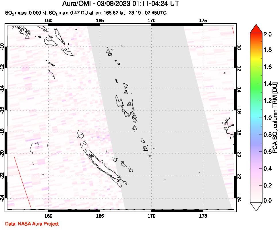A sulfur dioxide image over Vanuatu, South Pacific on Mar 08, 2023.