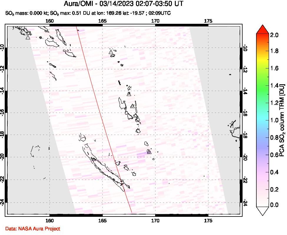 A sulfur dioxide image over Vanuatu, South Pacific on Mar 14, 2023.