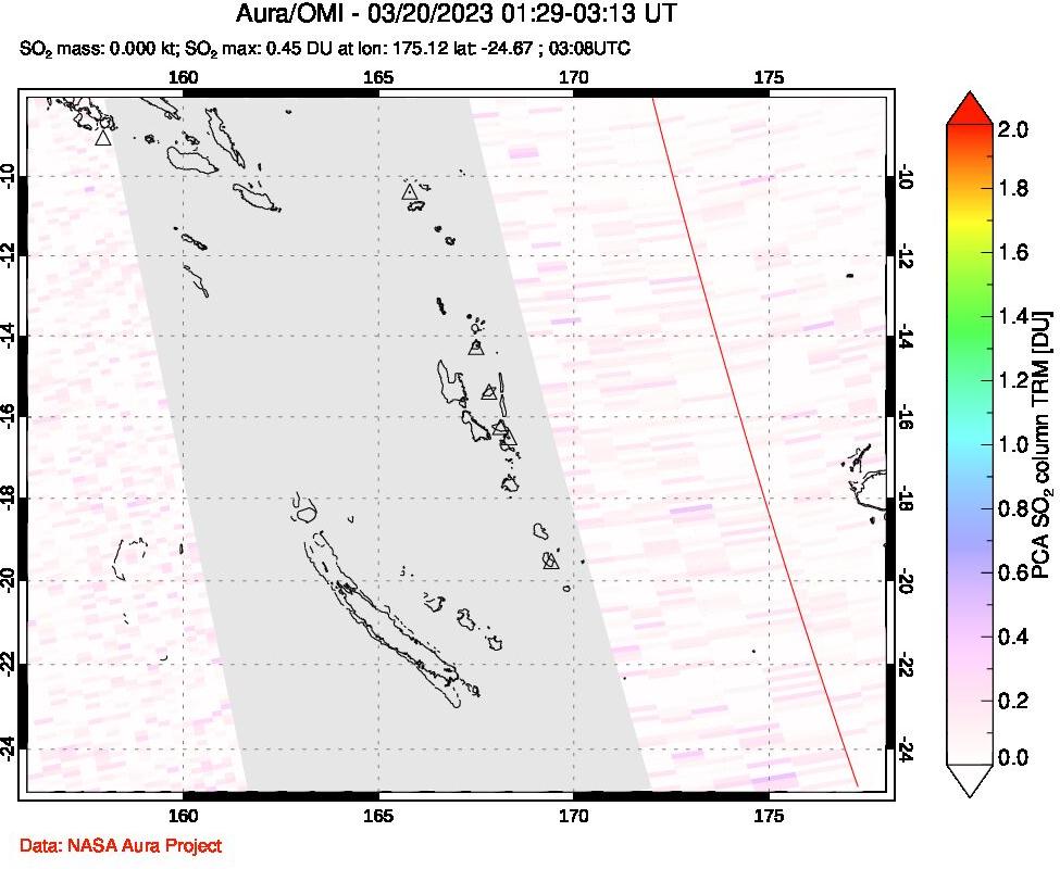 A sulfur dioxide image over Vanuatu, South Pacific on Mar 20, 2023.