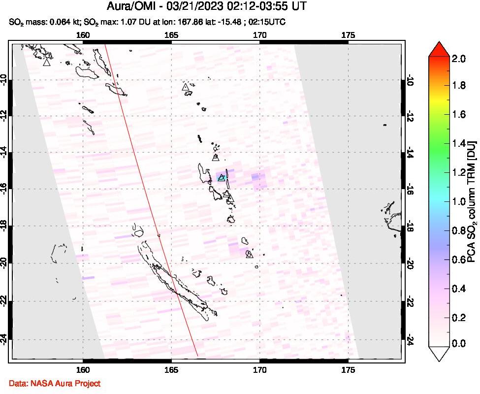 A sulfur dioxide image over Vanuatu, South Pacific on Mar 21, 2023.