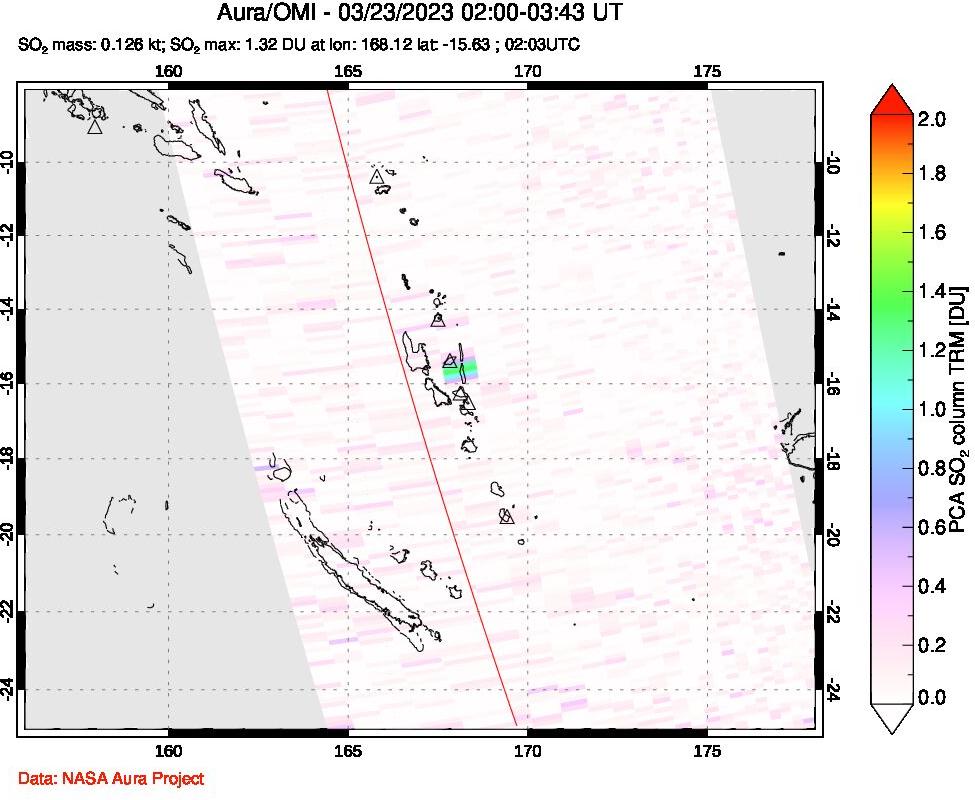 A sulfur dioxide image over Vanuatu, South Pacific on Mar 23, 2023.
