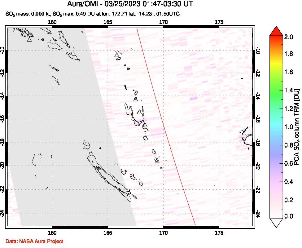 A sulfur dioxide image over Vanuatu, South Pacific on Mar 25, 2023.