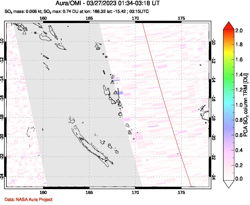 A sulfur dioxide image over Vanuatu, South Pacific on Mar 27, 2023.