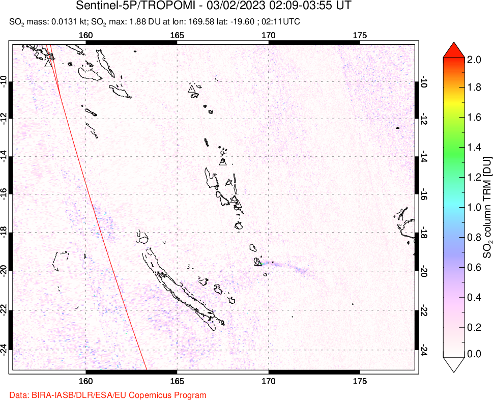 A sulfur dioxide image over Vanuatu, South Pacific on Mar 02, 2023.