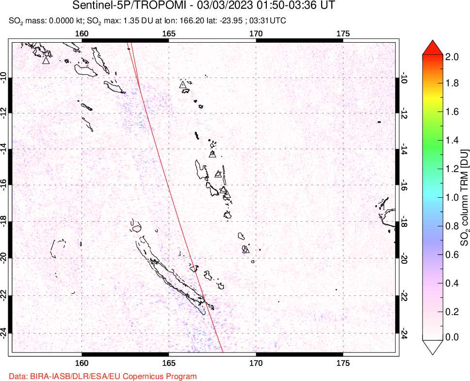 A sulfur dioxide image over Vanuatu, South Pacific on Mar 03, 2023.