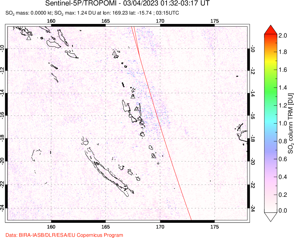 A sulfur dioxide image over Vanuatu, South Pacific on Mar 04, 2023.