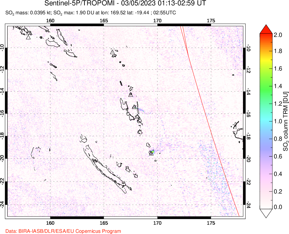 A sulfur dioxide image over Vanuatu, South Pacific on Mar 05, 2023.