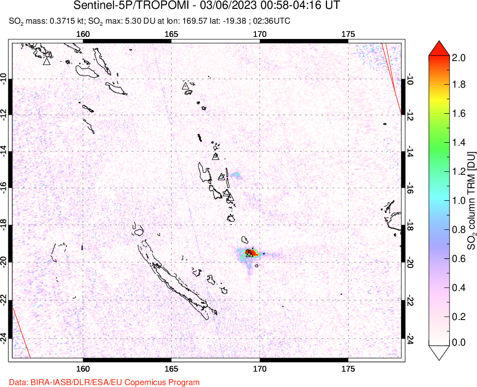 A sulfur dioxide image over Vanuatu, South Pacific on Mar 06, 2023.
