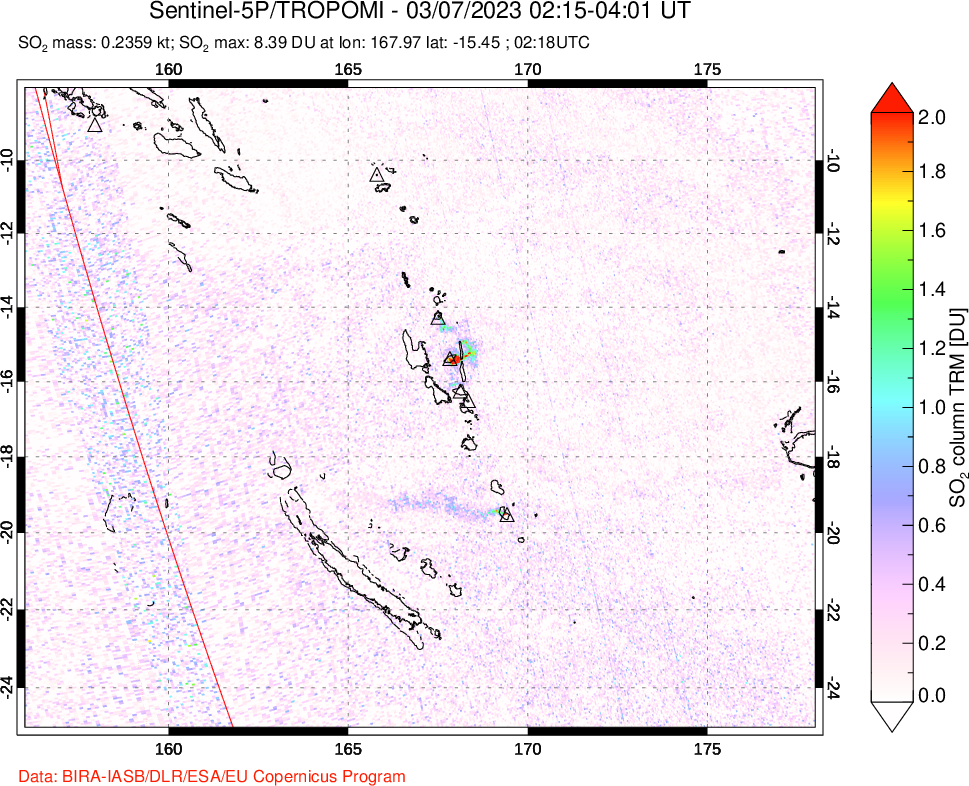 A sulfur dioxide image over Vanuatu, South Pacific on Mar 07, 2023.