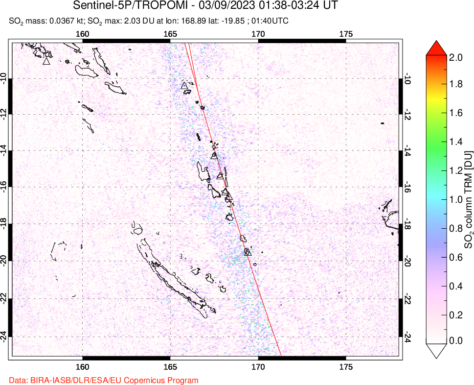 A sulfur dioxide image over Vanuatu, South Pacific on Mar 09, 2023.