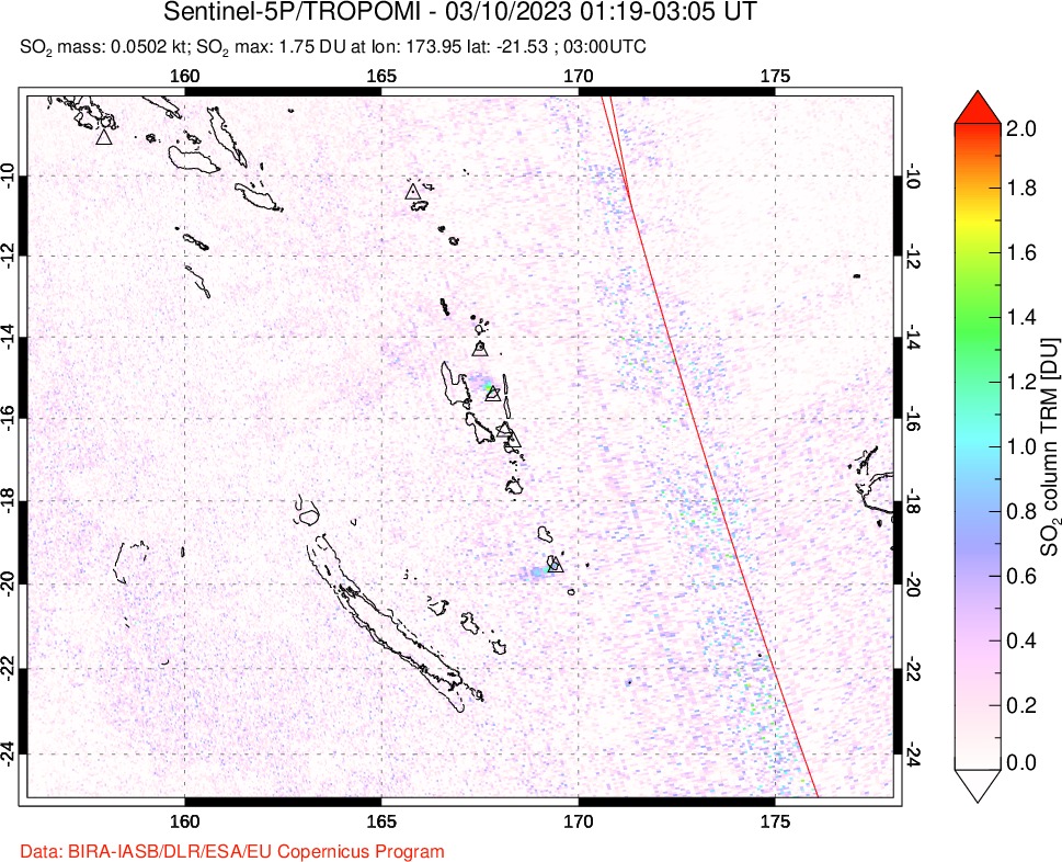A sulfur dioxide image over Vanuatu, South Pacific on Mar 10, 2023.