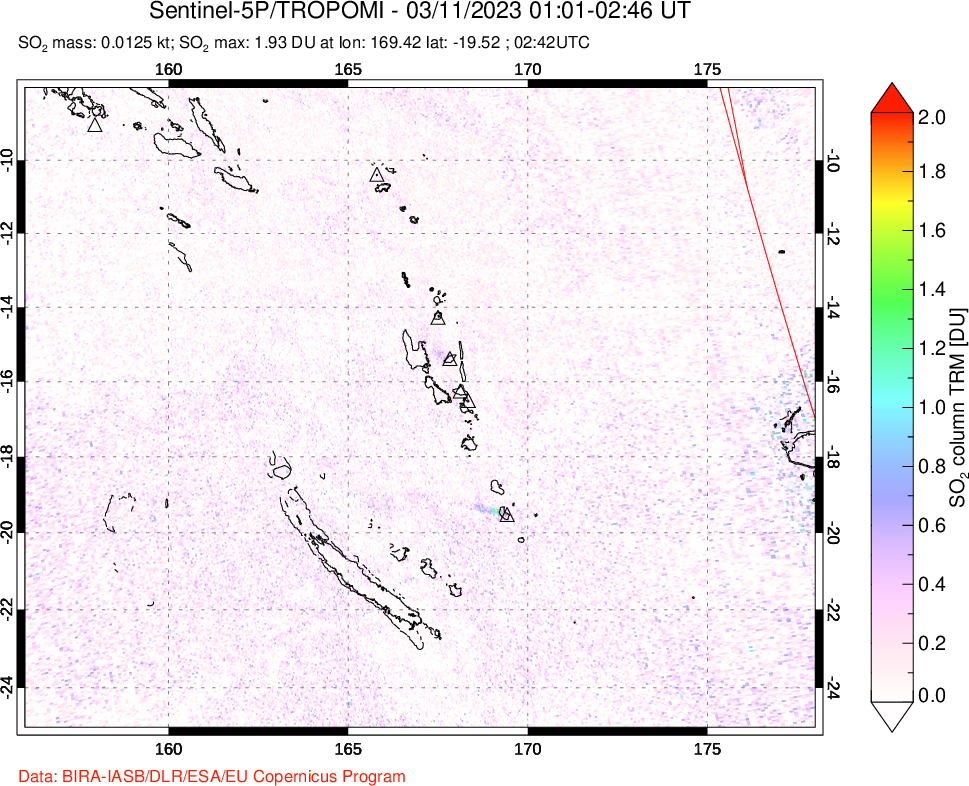 A sulfur dioxide image over Vanuatu, South Pacific on Mar 11, 2023.