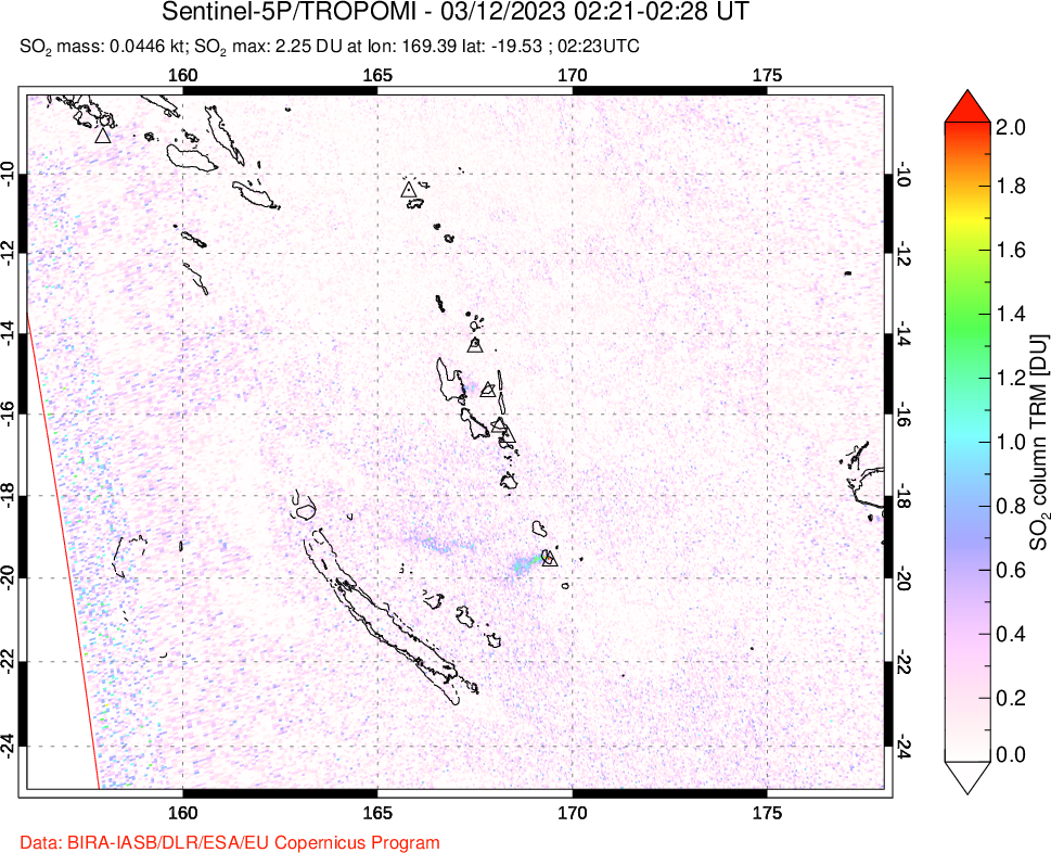 A sulfur dioxide image over Vanuatu, South Pacific on Mar 12, 2023.