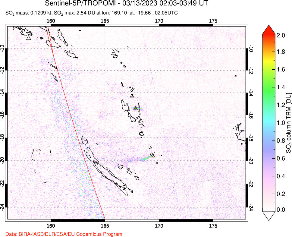 A sulfur dioxide image over Vanuatu, South Pacific on Mar 13, 2023.