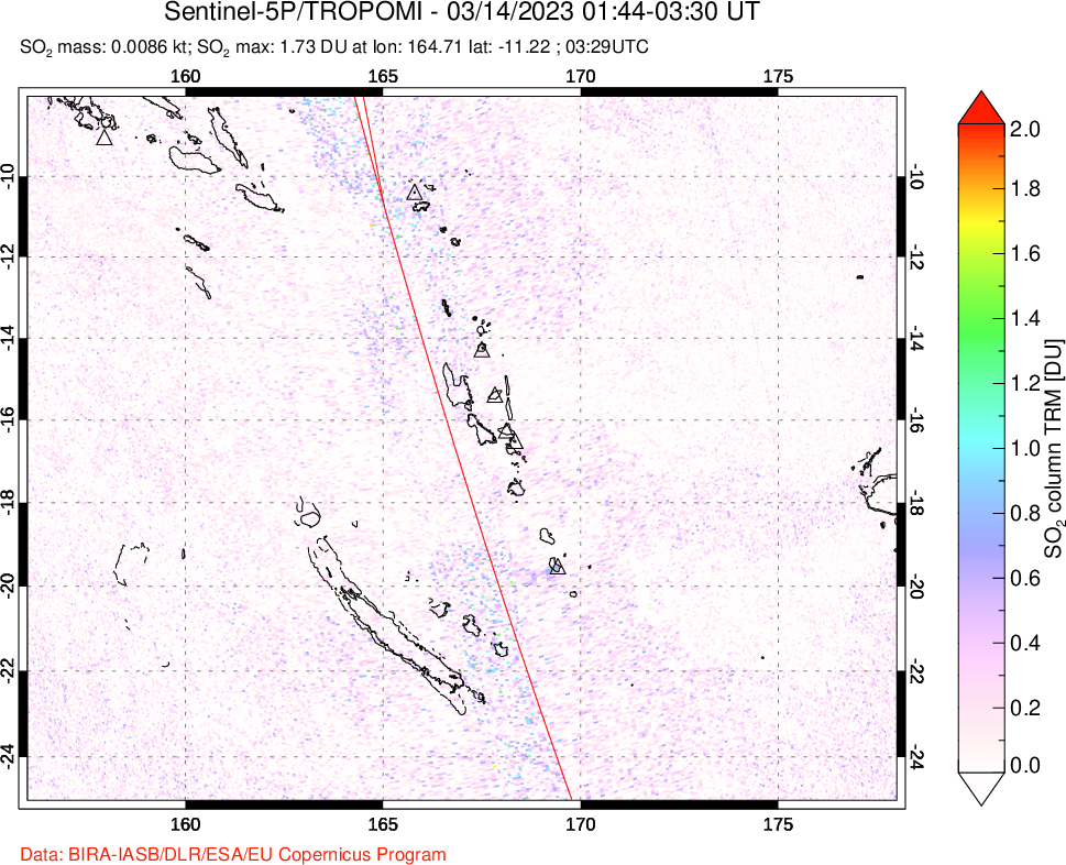A sulfur dioxide image over Vanuatu, South Pacific on Mar 14, 2023.