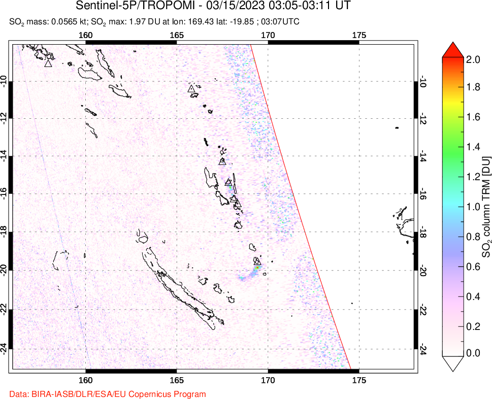 A sulfur dioxide image over Vanuatu, South Pacific on Mar 15, 2023.
