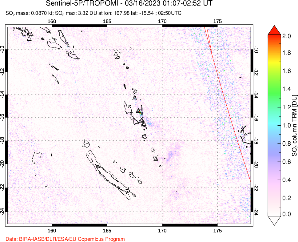 A sulfur dioxide image over Vanuatu, South Pacific on Mar 16, 2023.