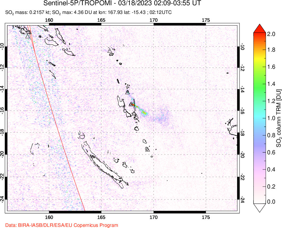 A sulfur dioxide image over Vanuatu, South Pacific on Mar 18, 2023.