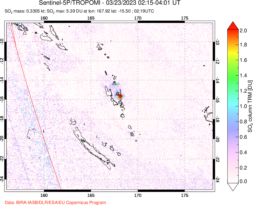 A sulfur dioxide image over Vanuatu, South Pacific on Mar 23, 2023.