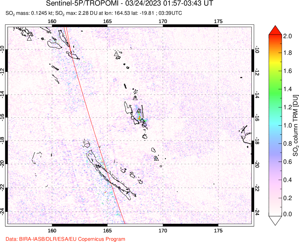 A sulfur dioxide image over Vanuatu, South Pacific on Mar 24, 2023.