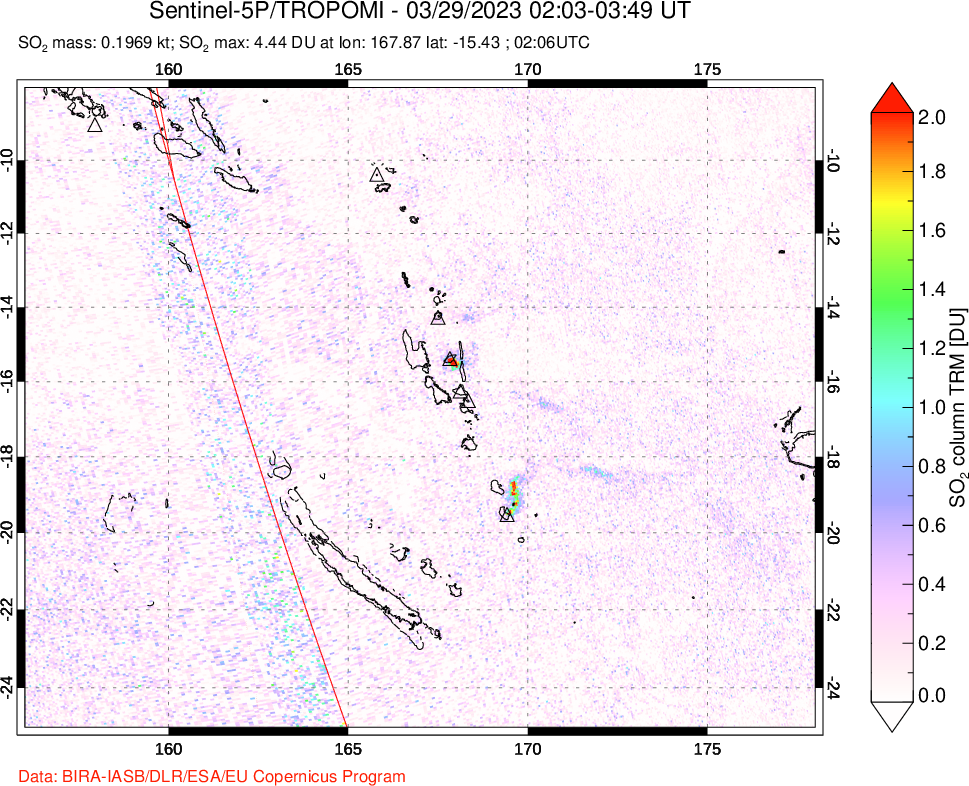 A sulfur dioxide image over Vanuatu, South Pacific on Mar 29, 2023.