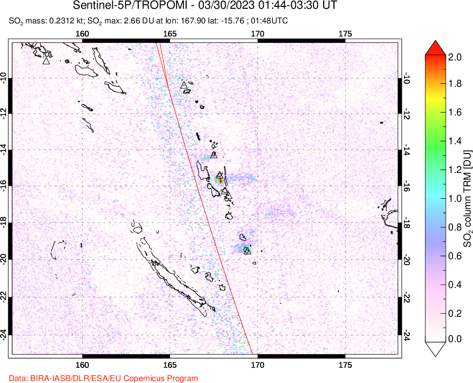 A sulfur dioxide image over Vanuatu, South Pacific on Mar 30, 2023.