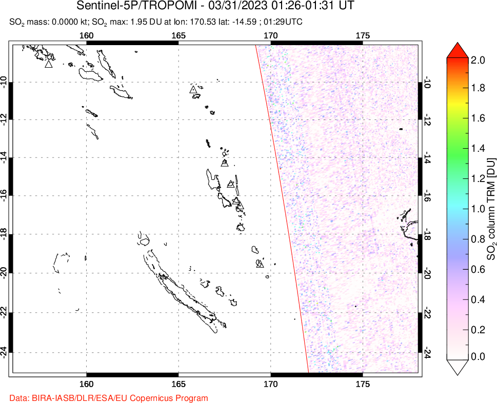 A sulfur dioxide image over Vanuatu, South Pacific on Mar 31, 2023.