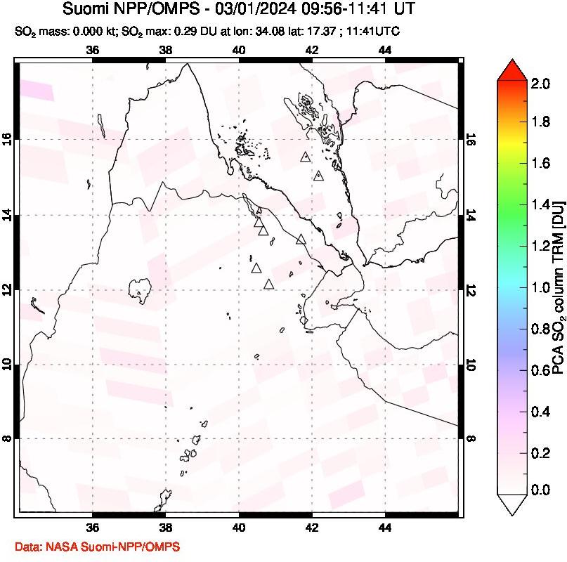 A sulfur dioxide image over Afar and southern Red Sea on Mar 01, 2024.