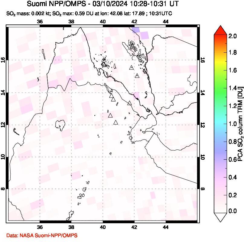 A sulfur dioxide image over Afar and southern Red Sea on Mar 10, 2024.