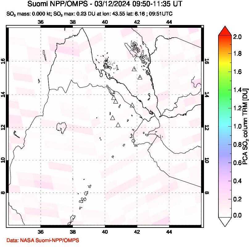 A sulfur dioxide image over Afar and southern Red Sea on Mar 12, 2024.