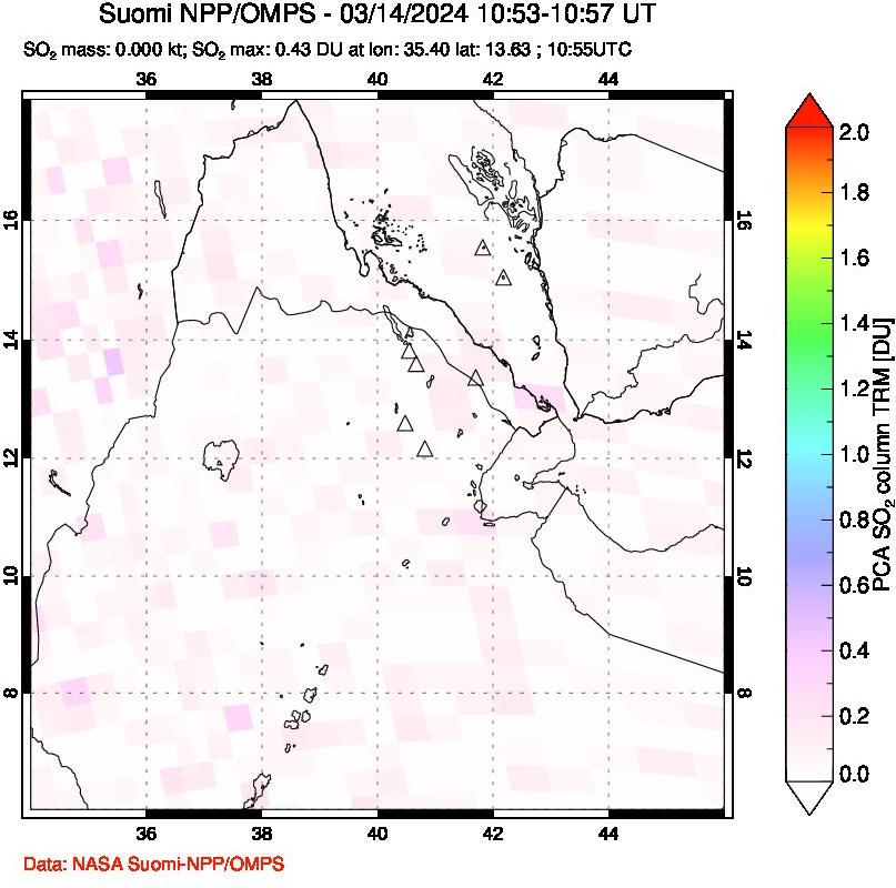 A sulfur dioxide image over Afar and southern Red Sea on Mar 14, 2024.